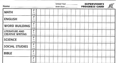 Supervisor's Progress Card from Accelerated Christian Education